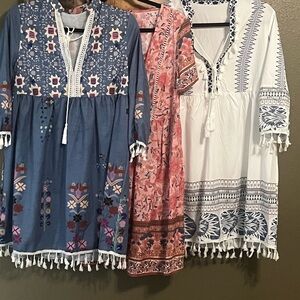 Lot of 3 - Never Been Worn- Bohemian Style Tunic Dresses - Blue, Pink, and White